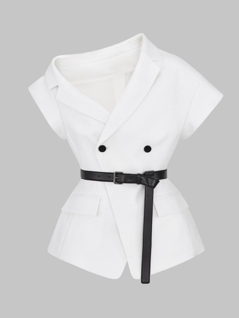 Women's White Double-Breasted Tunic Blazer with Black Belt